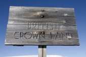 Rare British Crown Lands sign on Winter Island, put up in 1947, now on an Antarctic Historic Site. Antarctica