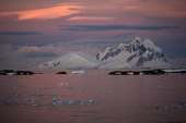 Dusk along the Antarctic Peninsula, Argentine Islands and mountains.