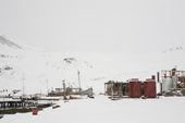Snow covers the abandoned whaling station at Grytviken. South Georgia. Sub Antarctica