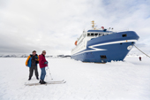 Skiing in Antarctica, passenger takes an opportunity for an outing at Deception Island. Antarctica