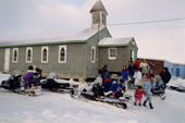 Inuit congregation leaves the Anglican church after Sunday Service in Igloolik. Nunavut. Canada. 1995