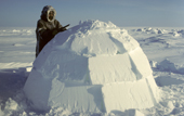 Inuit hunter, Thomasie Nutarariaq, smooths the sides of an igloo he has built with his snow knife. Igloolik. Nunavut. Canada. 1990