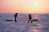 Inuit boys use a dog to haul a sled with their catch of fish from a frozen lake at sunset. Baker Lake, Nunavut, Canada. 1982