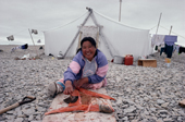 Uirngut, an Inuit woman, uses her ulu to prepare Arctic Char for drying.Igloolik, Nunavut, Canada. 1992
