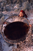A Cree woman, Elizabeth Brien, with beaver skin stretched out to dry. North Quebec, Canada. 1988