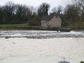 Foam on the River Stour at Sturminster Newton, bacterial pollution, caused by organic matter, either natural or from sewage or slurry. Dorset.