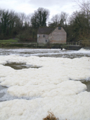 Foam on the River Stour at Sturminster Newton, bacterial pollution, caused by organic matter, either natural or from sewage or slurry. Dorset.