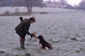 Dashwood takes a pheasant from his spaniel, Bumble, on a frosty morning. Hampshire. England