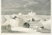 Inuit of the Igloolik region build a large igloo. Lyon's picture for Parry's Journal. Voyage of Discovery. 1821-23