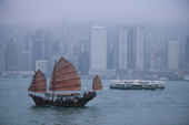 Traditional Chinese Junk in Hong Kong Harbour on a misty day. Hong Kong. 1998