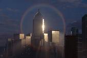 Sunlight catches a rainbow, Central Plaza, Hong Kong's tallest building. Wanchai District. Hong Kong. 1998