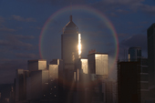 Sunlight catches a rainbow, Central Plaza, Hong Kong's tallest building. Wanchai District. Hong Kong. 1998