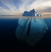 Melting Iceberg showing the portion underwater that is sculpted by the sea. Polar regions. Digital composite.