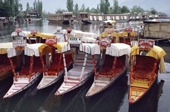 Shikaras for hire on Dal Lake at Srinagar. Kashmir, India. 1986