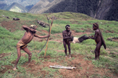 Yali tribesmen kill pig with bow & arrow, before a feast in the Seng Valley. Irian Jaya, Indonesia. 1990