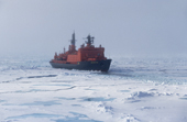 Russian Nuclear Icebreaker, the Sovetskiy Soyuz breaking though summer pack ice in the Arctic Ocean on the way to the North Pole. 1998