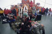 Crew in fancy dress at the Neptune arctic circle party on the Russian Nuclear Icebreaker, Sovetskiy Soyuz on its way to the North Pole. 1998