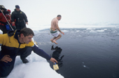 Bather jumps into the Arctic ocean during the Polar Plunge at the North Pole on a visit of Icebreaker Sovetskiy Soyuz. 1998