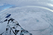 Fish eye photo of the Polar Pack Ice, with Ice floes, leads and meltpools. The Arctic Ocean. 1998
