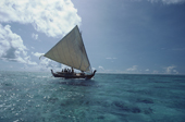 Traditional sailing canoe under full sail. Yap, Caroline Islands, Micronesia, Pacific. 1996