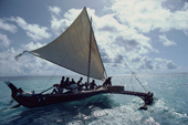Traditional Yapese sailing canoe with outrigger used for longer journeys. Wood mainly Breadfruit tree. Yap. 1996