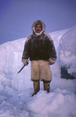 Fur clad Inuit hunter, Ituko Christiansen, wearing polar bear pants. Northwest Greenland. 1980