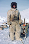 Mamarut. an Inuit hunter, Mamarut, wearing traditional polar bear skin trousers and Kamik (boots) while out on a winter hunt in Melville Bay. Northwest Greenland. (1980)
