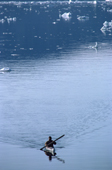 An Inuit hunter paddles his kayak in the calm summer waters of Inglefield Bay. Northwest Greenland. 1980