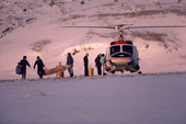 Helicopter transporting post and passengers to Moriussaq. N.W. Greenland. 1987