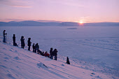 Inuit from Qaanaaq climb the hill behind their village to welcome the return of the sun on Feb 17th after four months of polar night. Qaanaaq, Thule, Avanersuaq, Northwest Greenland. (1977)