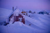 Snowdrifts against houses in the Inuit community of Savissivik. N.W. Greenland. 1998