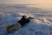 Qaerngak Nielsen, an Inuit hunter, shoots at a seal from the ice edge in Melville Bay. N.W. Greenland. 1998