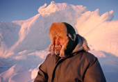 Arctic photographer, Bryan Alexander, frosted up. Northwest Greenland. 1998