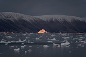 Morning low sunshine in the autumn, illuminates icebergs in Inglefield Bay near Qaanaaq in Northwest Greenland