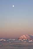 Icebergs in Inglefield Bay in front of Herbert Island at dawn in the autumn. Qaanaaq, Northwest Greenland.(2021)
