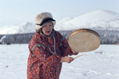 Ekaterina Rul'tyneut, a Chukchi woman,performing a traditional drum song. Chukotka. Siberia. Russia. 1994