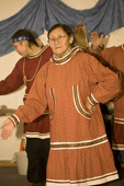 Ainana, an elderly Yupik Eskimo woman, performing a traditional drum dance. Provideniya, Chukotka, Siberia, Russia. 2010