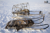 Two Chukchi sleds have dried reindeer meat and sacred objects placed on them during a traditional Chukchi ritual. Chukotskiy Peninsula, Siberia, Russia. 2010
