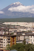 Apartment blocks in the regional capital city of Petropavlovsk & Avachinskij Volcano. Kamchatka, Siberia. 1999