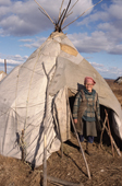 An Even woman outside her yurt at a camp near Khailino. Koryakia, Kamchatka, Siberia, Russia. 1999