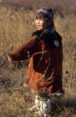 Lena Vavako, a four year old Koryak girl, wearing traditional dress. Koryakia, Kamchatka, Siberia, Russia. 1999