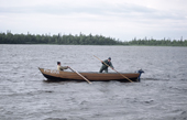Sami men set out in a wooden boat to check their fishing nets near Lovozero (Strong Lake). Kola Peninsula, NW Russia. 2005