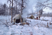 An Even reindeer herders' winter camp in the taiga of Northern Evensk. Magadan region, Eastern Siberia, Russia. 2006