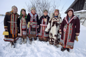 A group of Even women in traditional dress in the village of Gizhiga. Northern Evensk, Magadan Region, E. Siberia, Russia. 2006