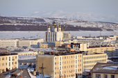 The centre of Magadan with its new Holy Trinity Russian Orthodox Cathedral. Far East, Russia. 2006
