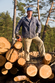 A forestry worker with a chain saw stands on a pile of pine logs near Gus-Zheleznyy. Ryazan Province, Russia. 2006