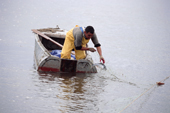 Vadim, a young Nivkhi man, checking his salmon net in Niva Bay, Nogliki, Sakhalin, Russian Far East. 2006
