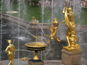 Golden fountains above the Sea Canal. Peterhof Palace. Near St. Petersburg, Russia. 2010