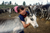 A Tuvan girl hugs a reindeer calf at a herders camp. Todzhu, Republic of Tuva, Siberia, Russia. 1998