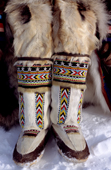 A pair of traditional Dolgan women's reindeer skin boots decorated with ornate bead work. Taymyr, Northern Siberia, Russia. 2004